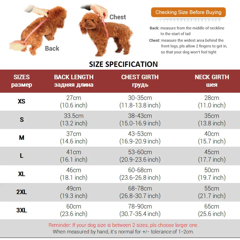 Dachshund Jacket Size Chart